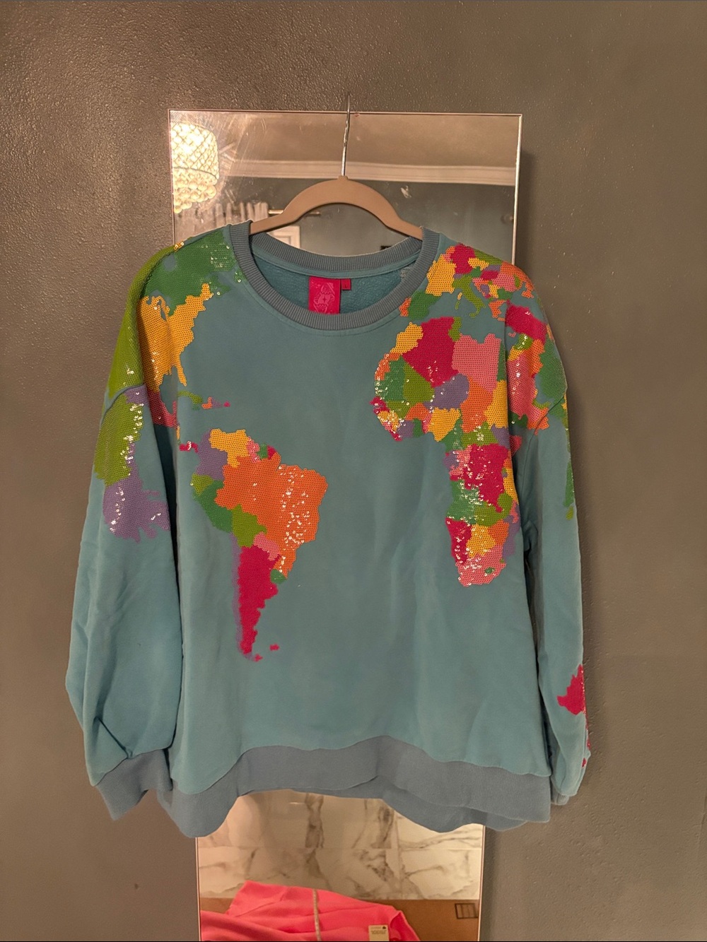 QUEEN OF SPARKLES Blue World Map Sequin Sweatshirt